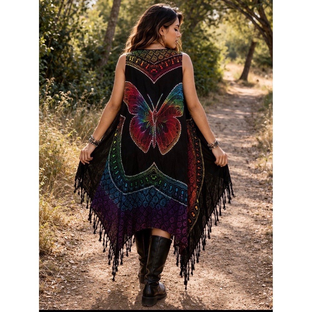Rainbow Butterfly Rhinestone Kimono Duster Boho Festival Fringe Vest One Size